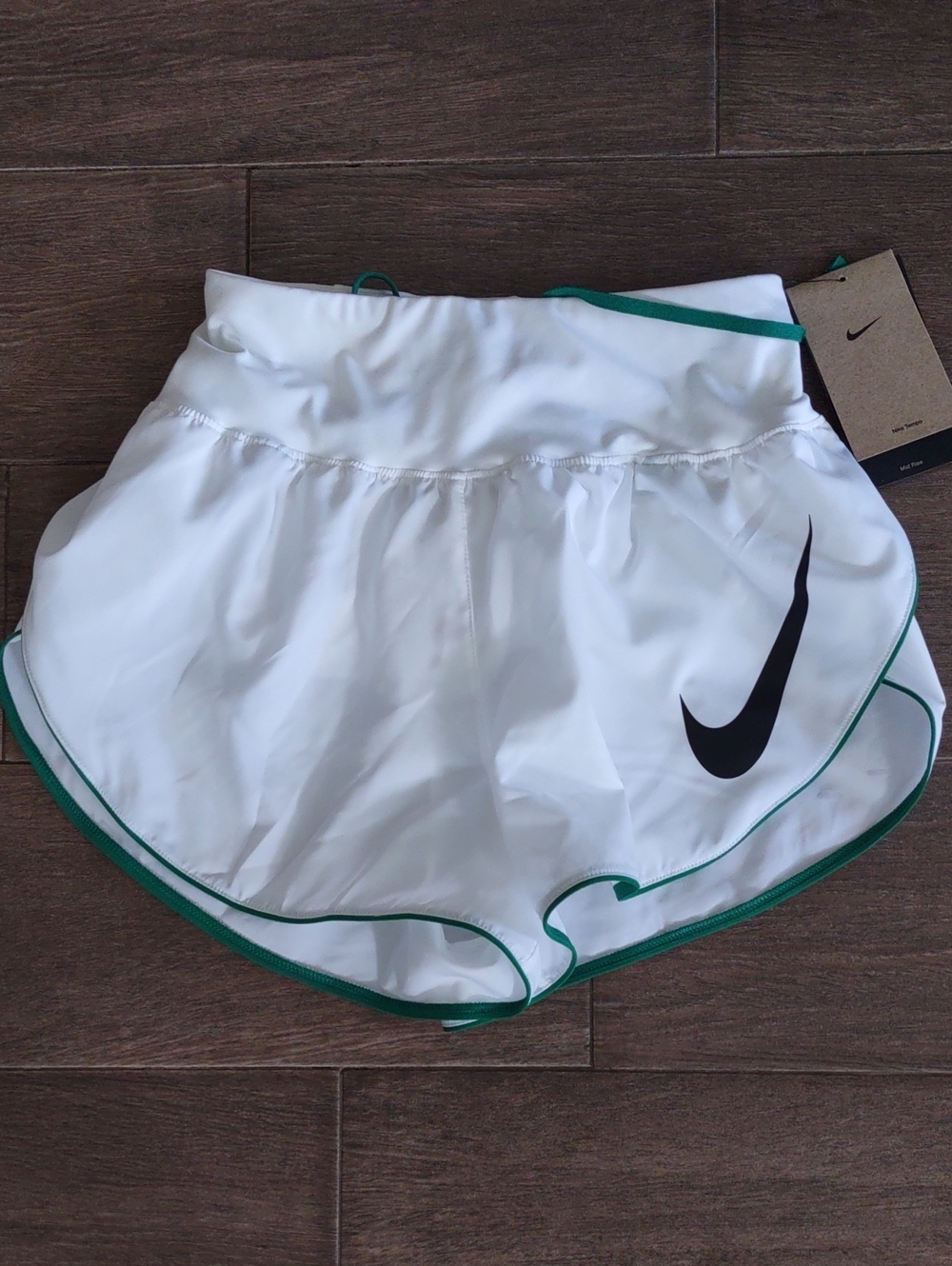 Nike Tempo Women’s White Athletic Shorts with Green Trim and Black Swoosh, XS